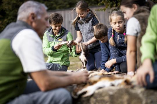 zwei Ranger:innen zeigen Kindern in der Natur etwas