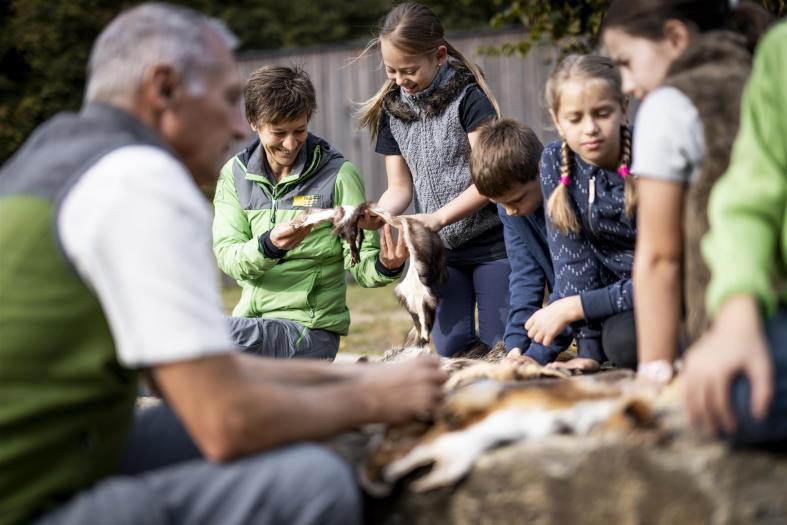 zwei Ranger:innen zeigen Kindern in der Natur etwas