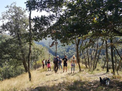 Eine Gruppe junger Erwachsener steht auf einem Trockenrasen mit Blick über das Thayatal
