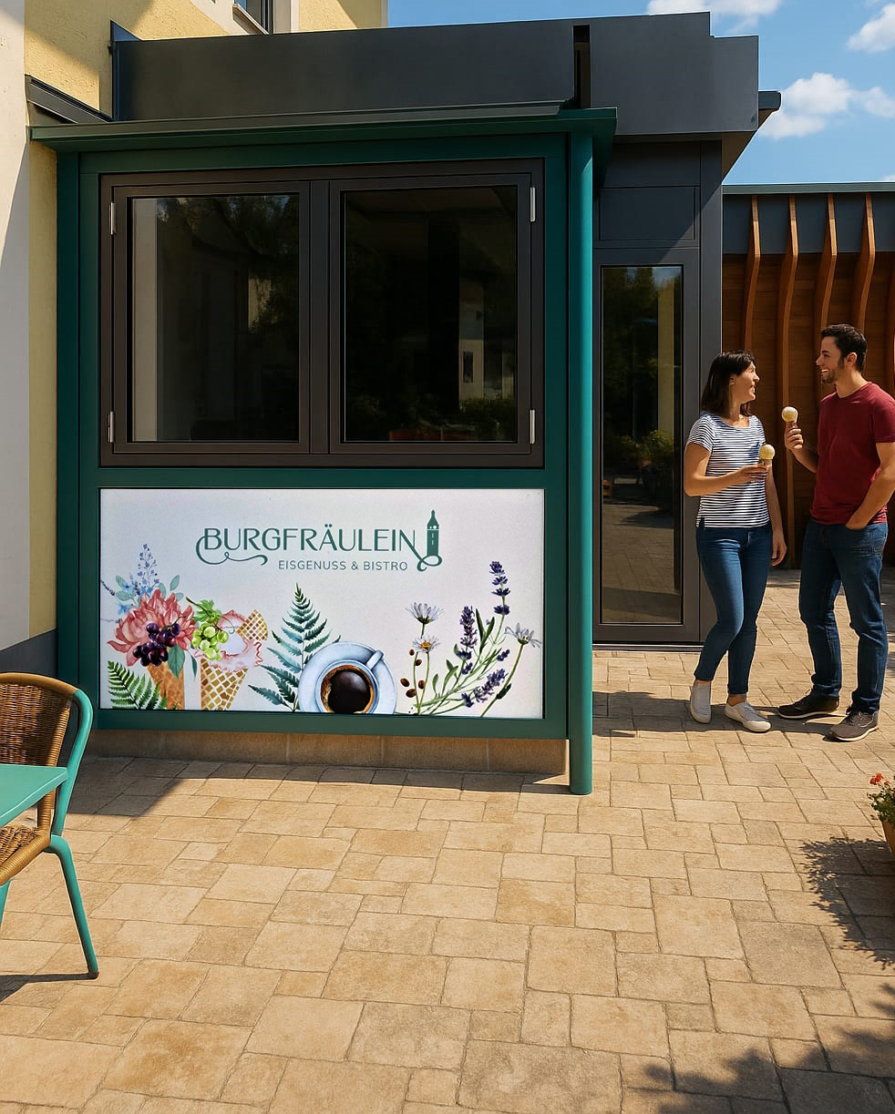 Personen vor dem Eingang zum Bistro Burgfräulein